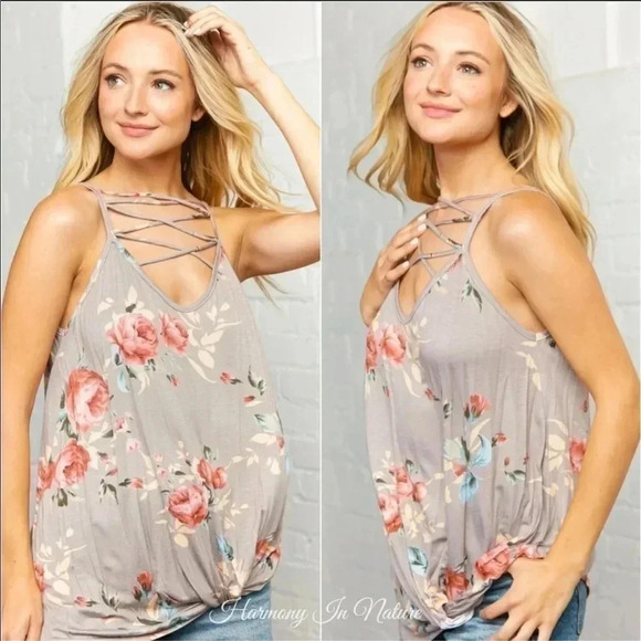 Floral Accent Tank Top w/ Criss-Cross Accent - Picture 5 of 8